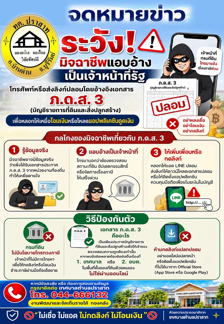 ข่าวประชาสัมพันธ์ เทศบาลตำบลปราสาท ระวัง มิฉาชีพแอบอ้างเป็นเจ้าหน้าที่รัฐ